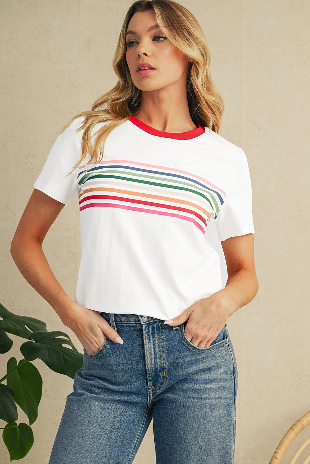 White Rainbow Stripe Print Crewneck T Shirt – Shewin | ClozArt