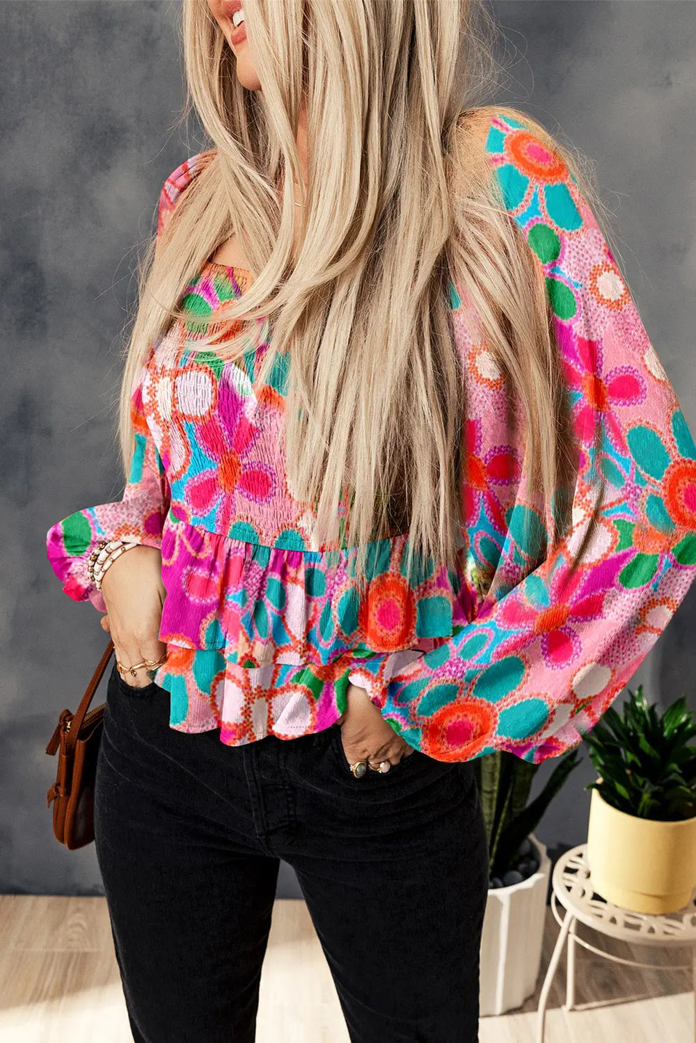 Floral Smocked Ruffled Balloon Sleeve Blouse – Trendsi | ClozArt