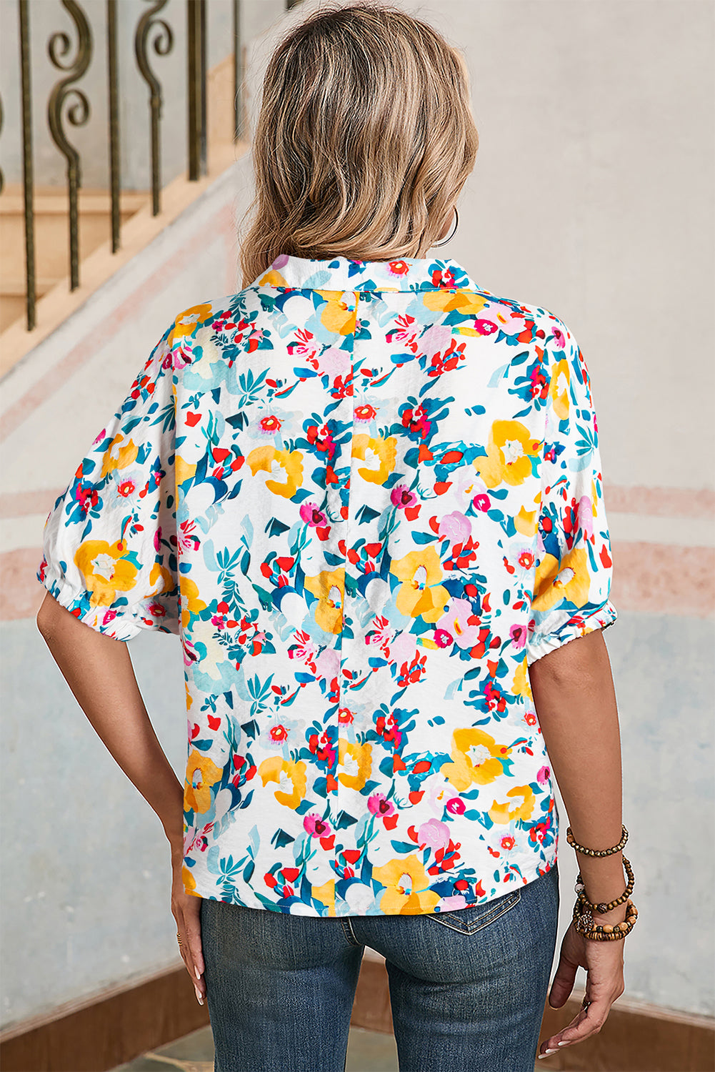 Peacock Blue Floral Print Boho Pop of Color Neckline Blouse – Shewin | ClozArt