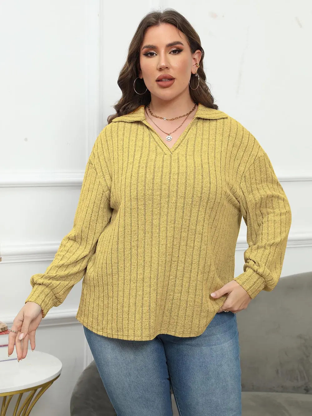 Plus Size Ribbed Collared Neck Long Sleeve Blouse – Trendsi | ClozArt