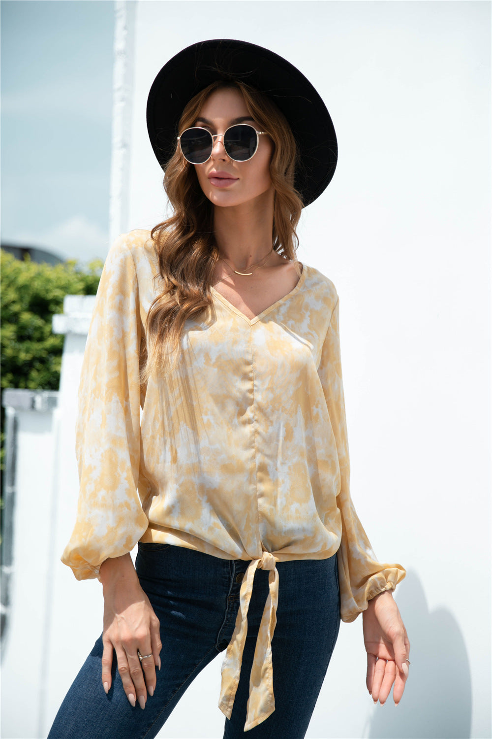 Tie-Dye Tied Balloon Sleeve Blouse – Trendsi | ClozArt