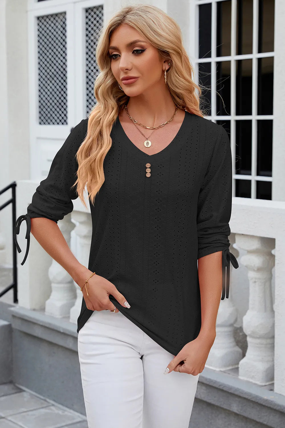 Eyelet Drawstring V-Neck Half Sleeve T-Shirt – Trendsi | ClozArt