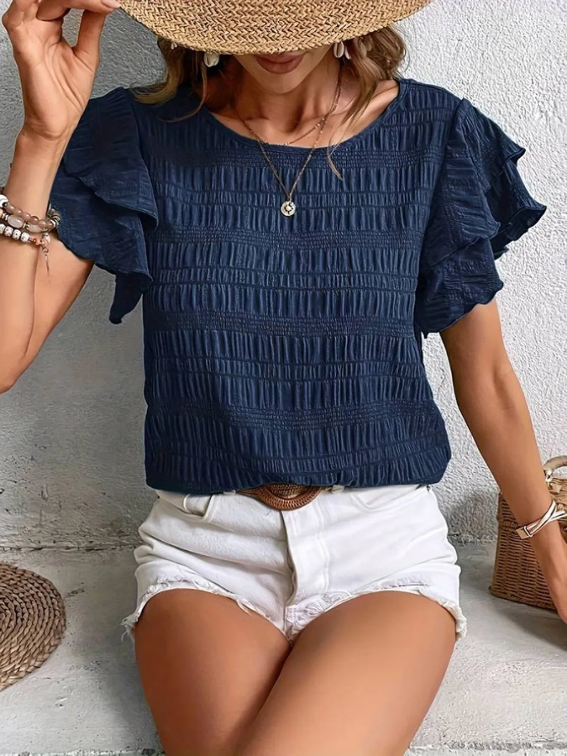 Round Neck Ruffled Short Sleeve Top – Trendsi | ClozArt