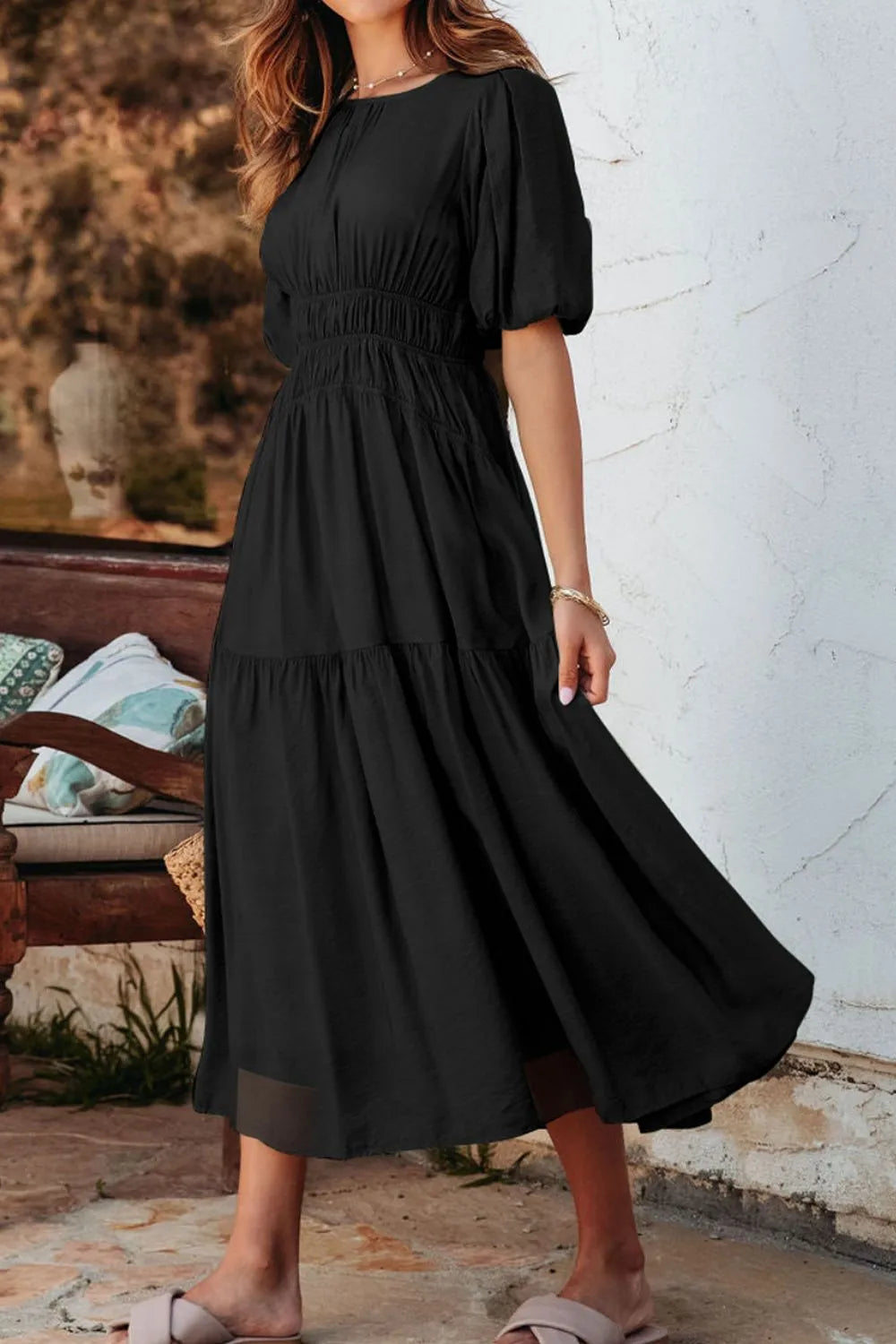 Puff Sleeve Pleated High Waist Flowy Midi Dress – Trendsi | ClozArt