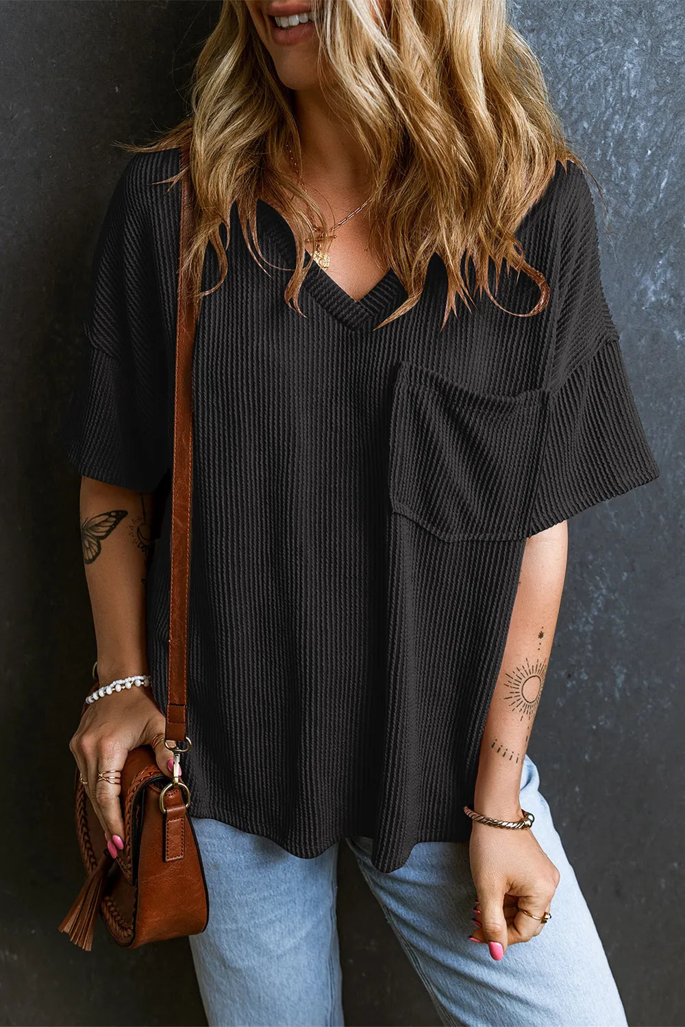 Textured V-Neck Dropped Shoulder T-Shirt – Trendsi | ClozArt