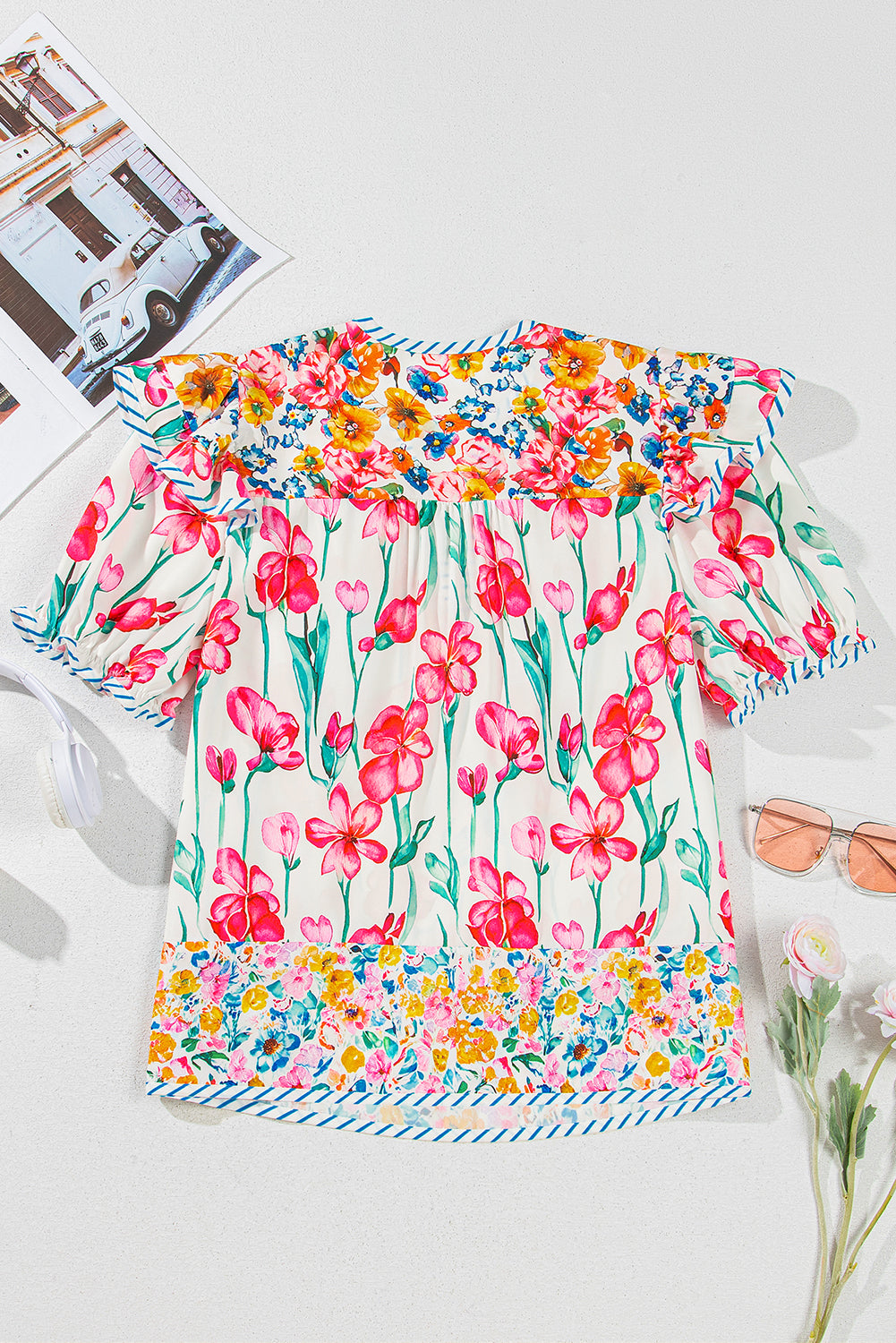 Pink Floral Print Striped Detail Split Neck Short Sleeve Blouse – Shewin | ClozArt