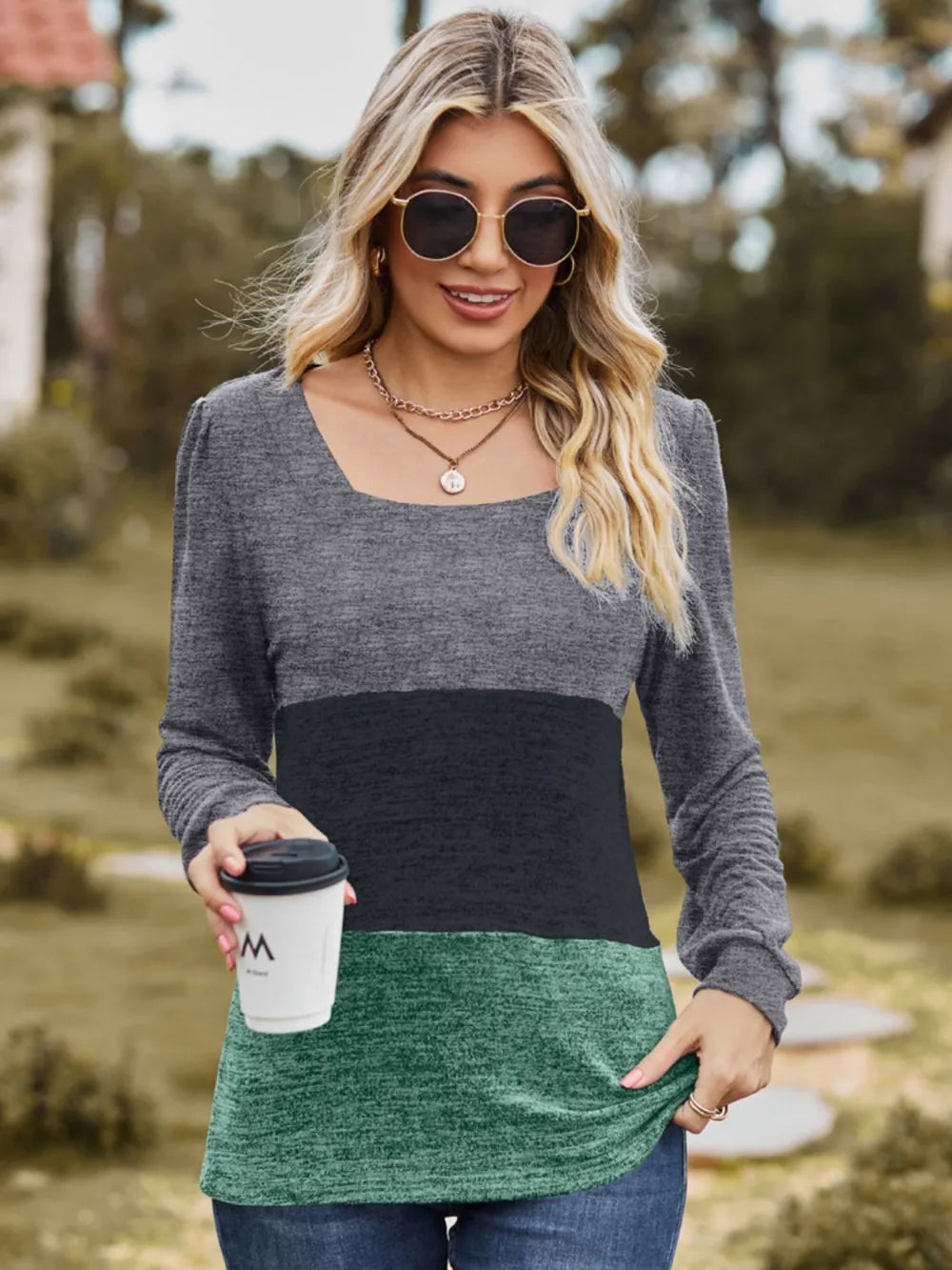 Color Block Square Neck Long Sleeve T-Shirt – Trendsi | ClozArt