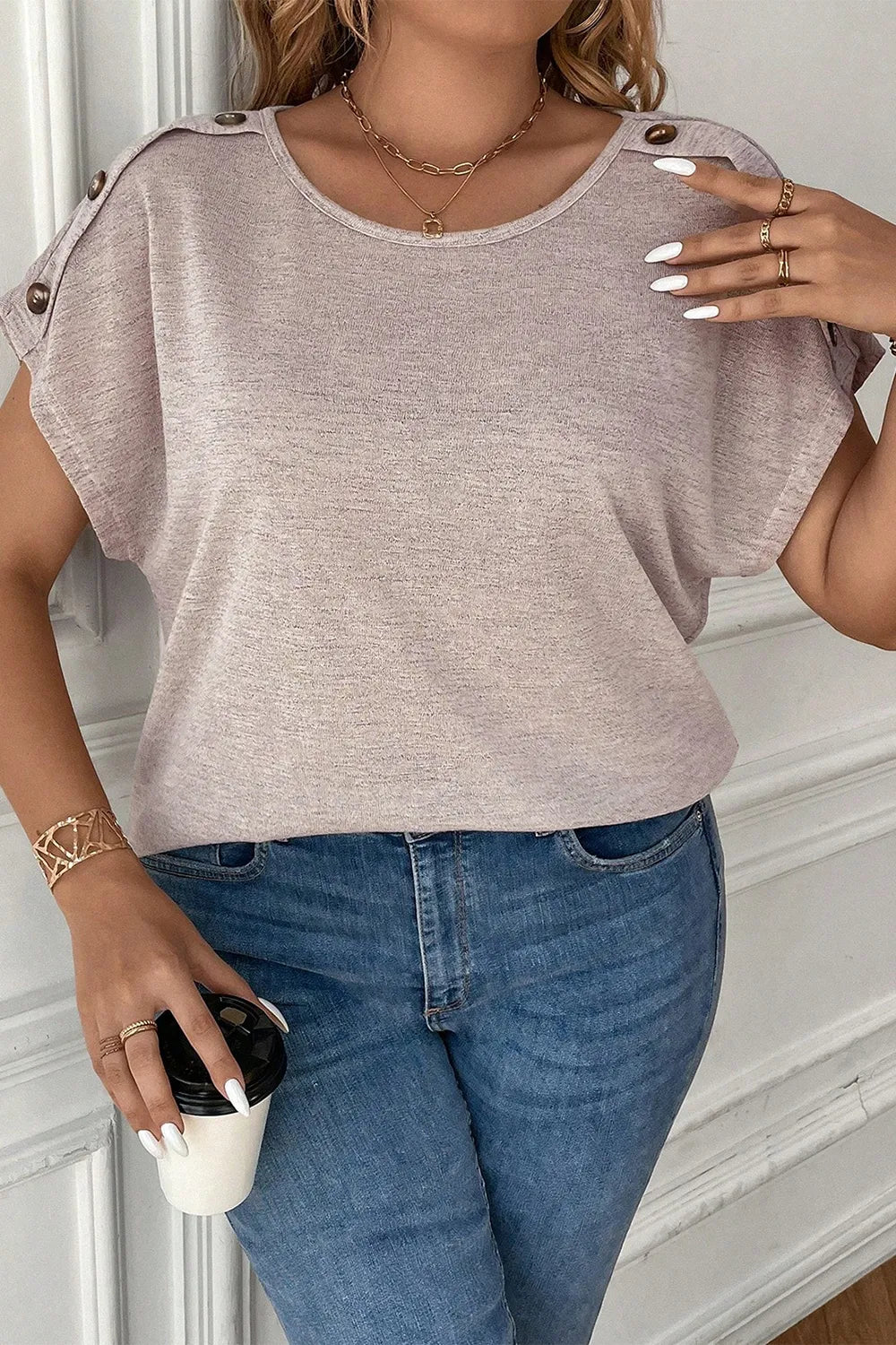 Plus Size Decorative Button Round Neck Short Sleeve T-Shirt – Trendsi | ClozArt