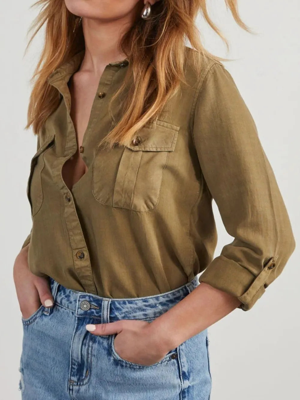 Collared Neck Roll-Tab Sleeve Denim Top – Trendsi | ClozArt