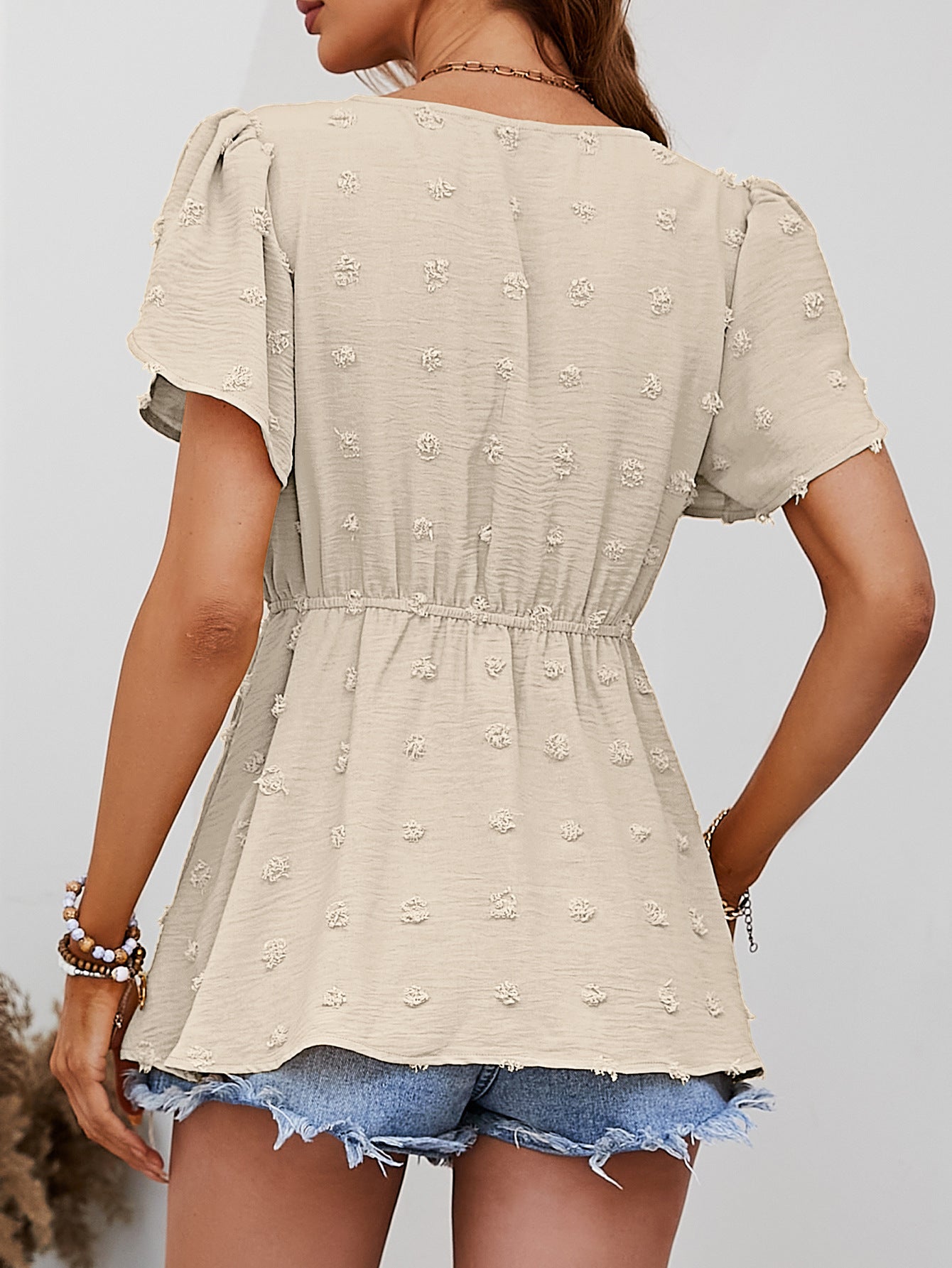 Swiss Dot Buttoned Petal Sleeve Peplum Blouse – Trendsi | ClozArt