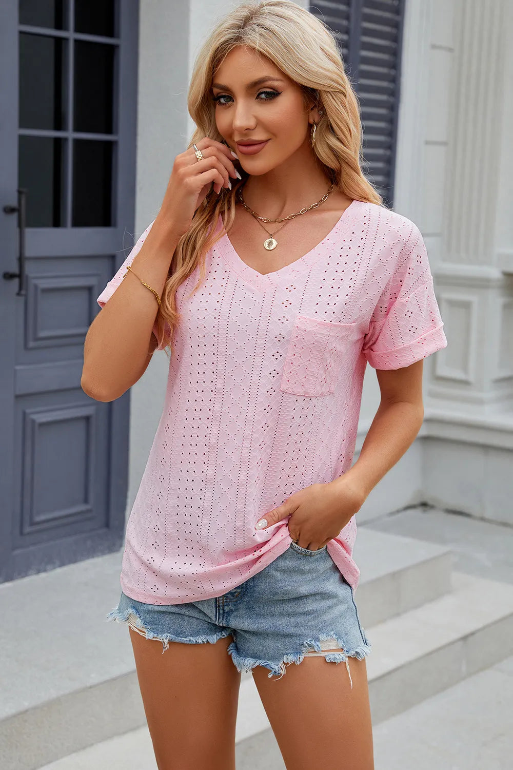 Eyelet V-Neck Short Sleeve T-Shirt – Trendsi | ClozArt