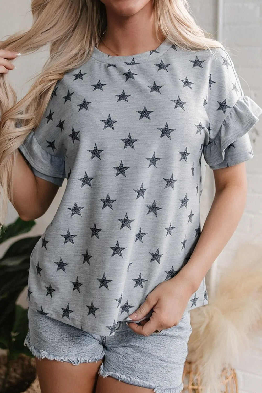 Star Print Tiered Ruffled Sleeve Crew Neck T Shirt – Trendsi | ClozArt