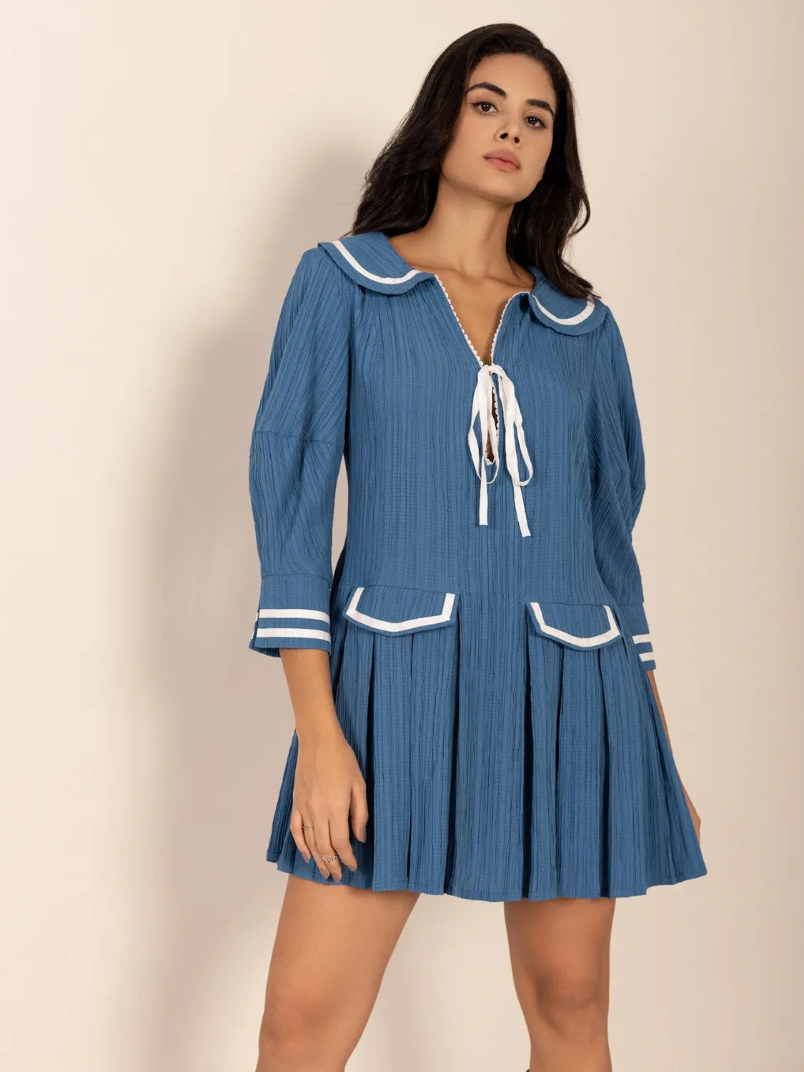 Tie Front Pleated Three-Quarter Sleeve Mini Dress – Trendsi | ClozArt