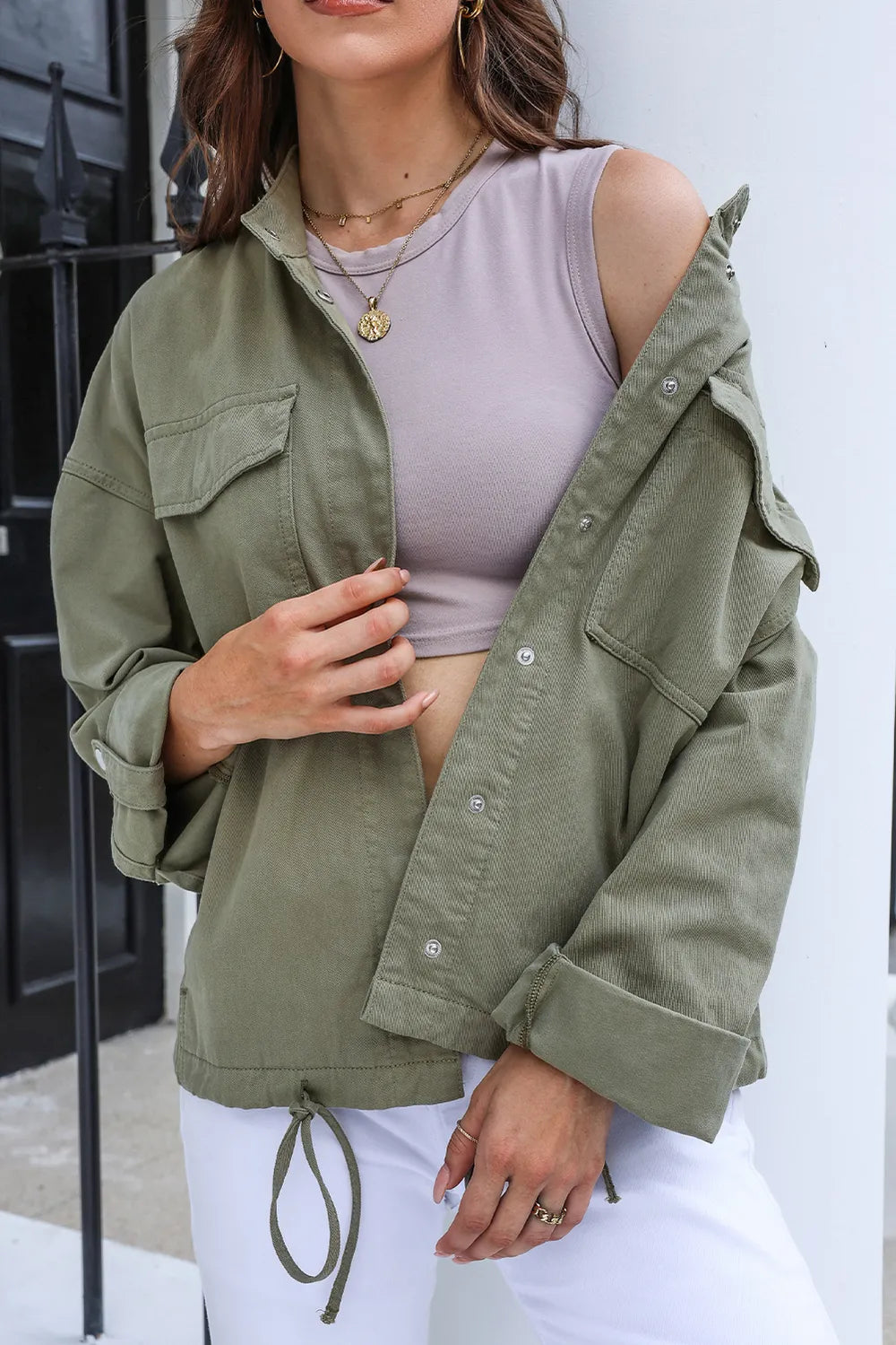 Drawstring Snap Down Dropped Shoulder Denim Jacket – Trendsi | ClozArt