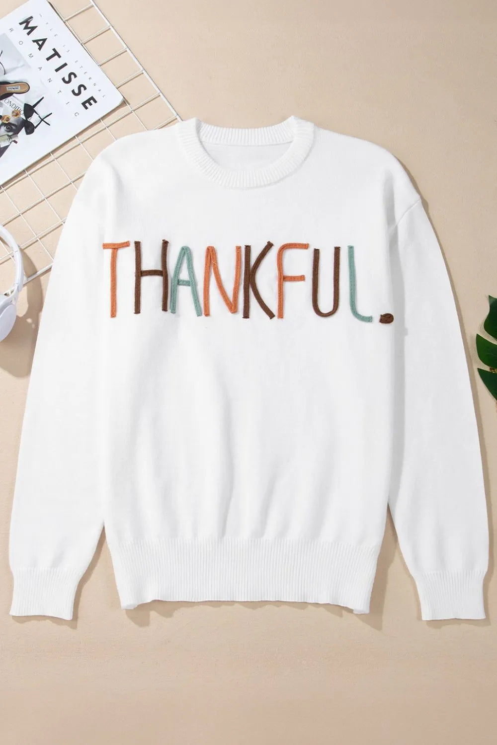 THANKFUL Round Neck Drop Shoulder Sweater – Trendsi | ClozArt