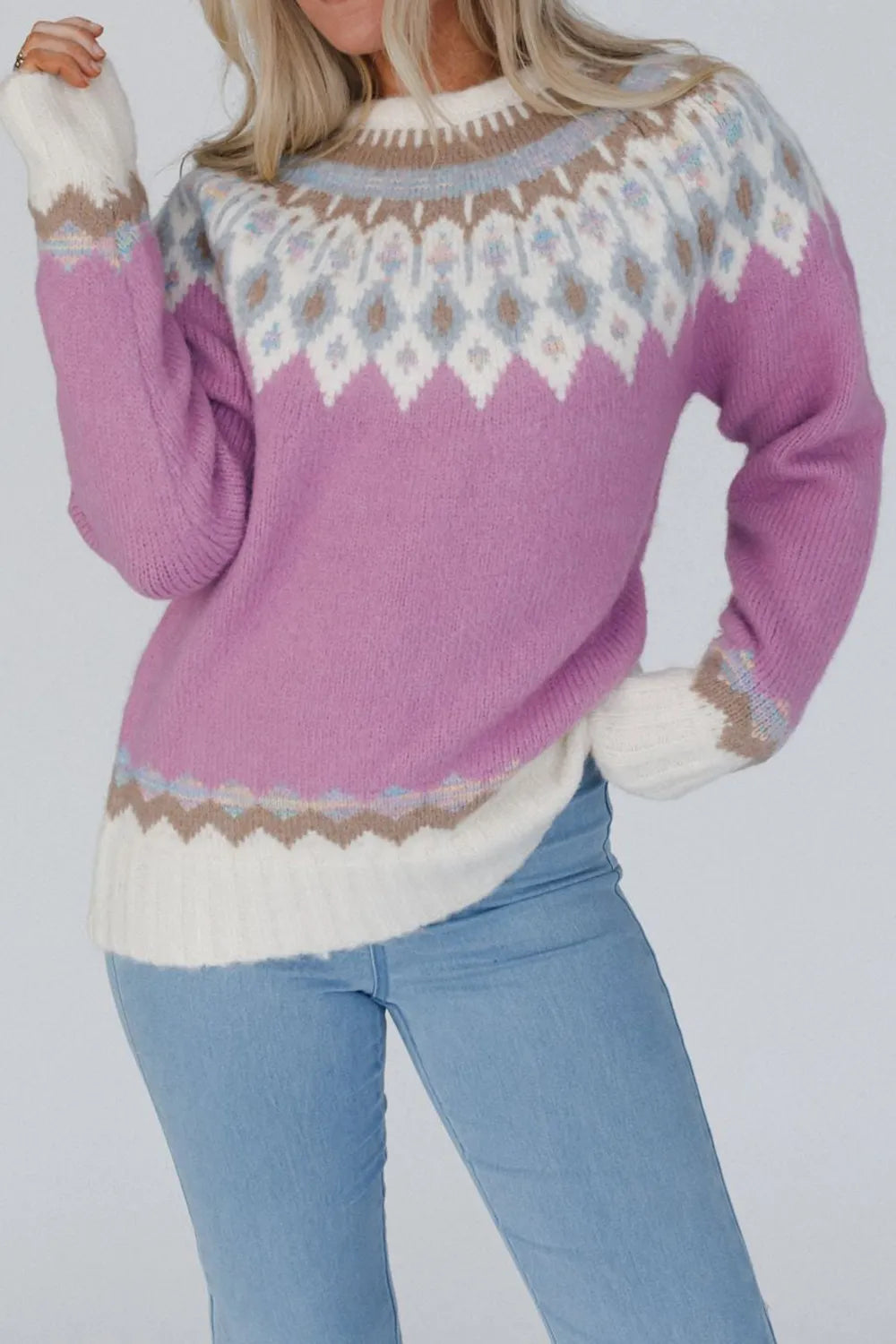 Geometric Round Neck Long Sleeve Sweater – Trendsi | ClozArt
