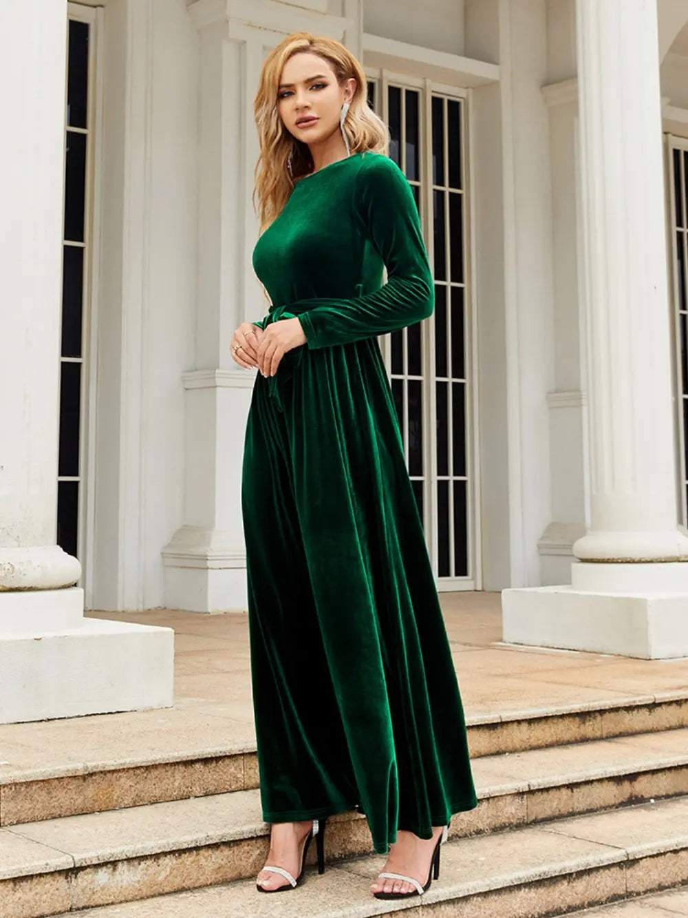Tie Front Round Neck Long Sleeve Maxi Dress – Trendsi | ClozArt
