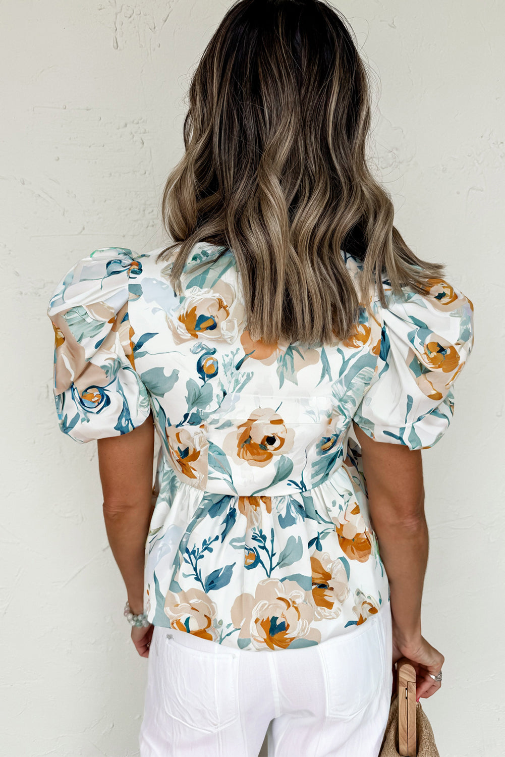 Green Floral Print Puff Sleeve V Neck Babydoll Blouse – Shewin | ClozArt