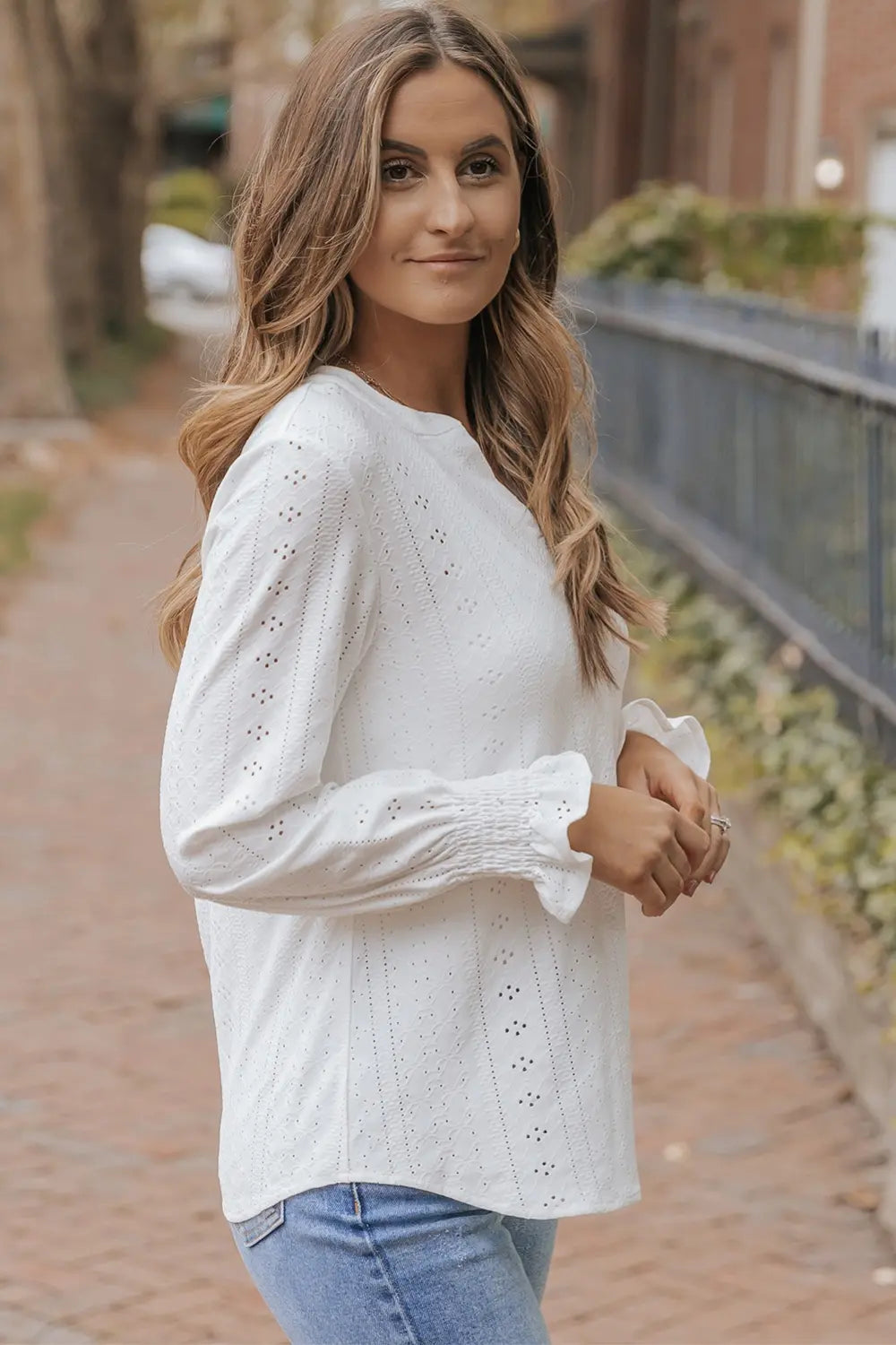 Openwork Notched Flounce Sleeve Blouse – Trendsi | ClozArt