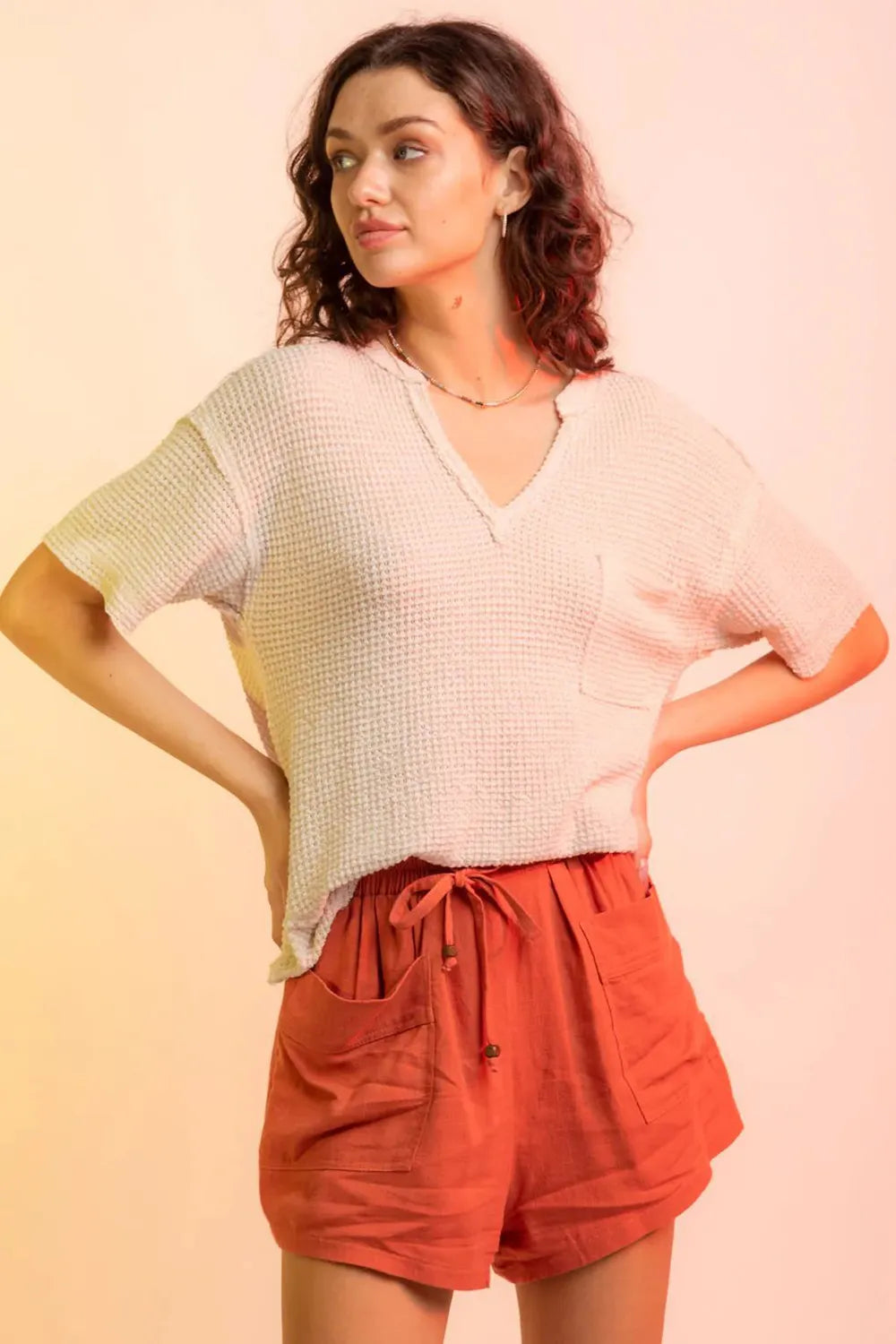Waffle-Knit Notched Half Sleeve T-Shirt – Trendsi | ClozArt