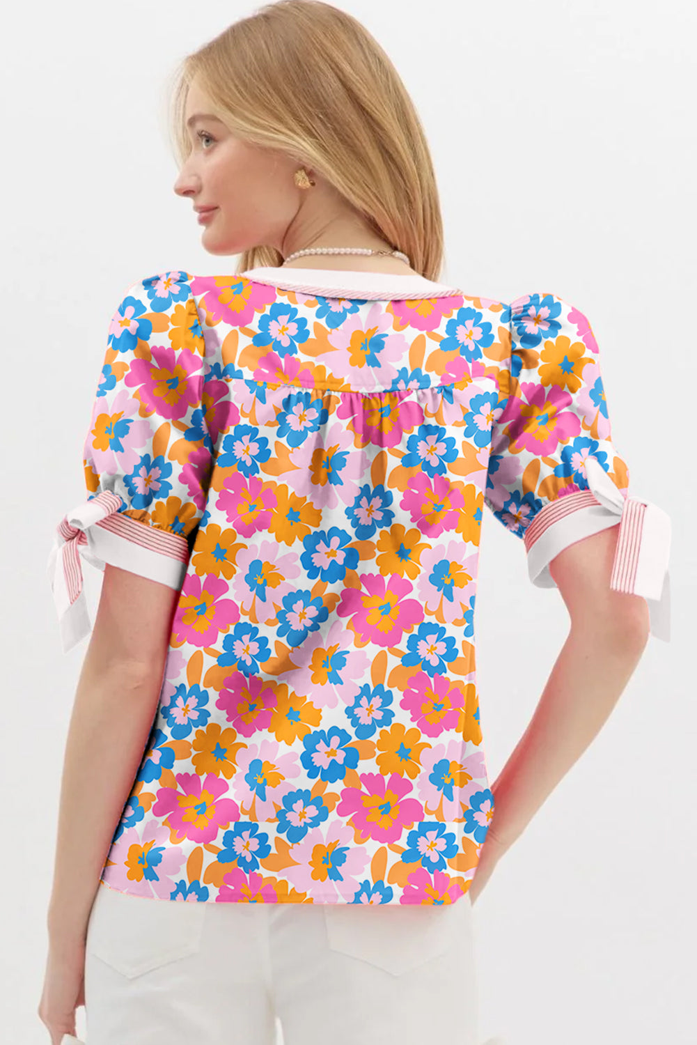 White Floral Colorblock Striped Edge V Neck Knotted Short Sleeve Blouse – Shewin | ClozArt