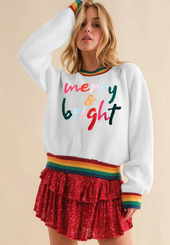 MERRY & BRIGHT Ribbed Round Neck Sweater – Trendsi | ClozArt