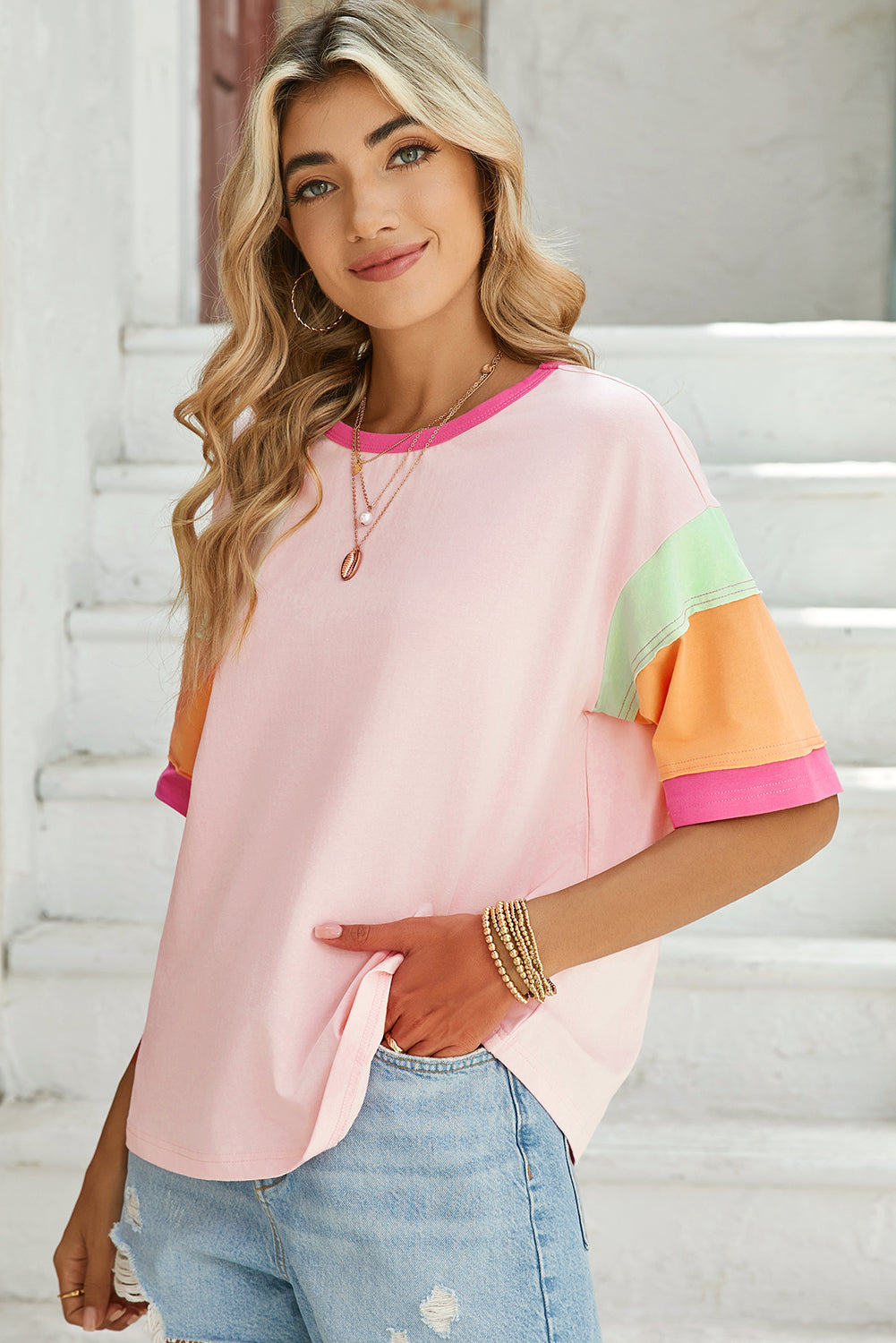 Pink Color Block Sleeve Round Neck Oversize Top – Shewin | ClozArt