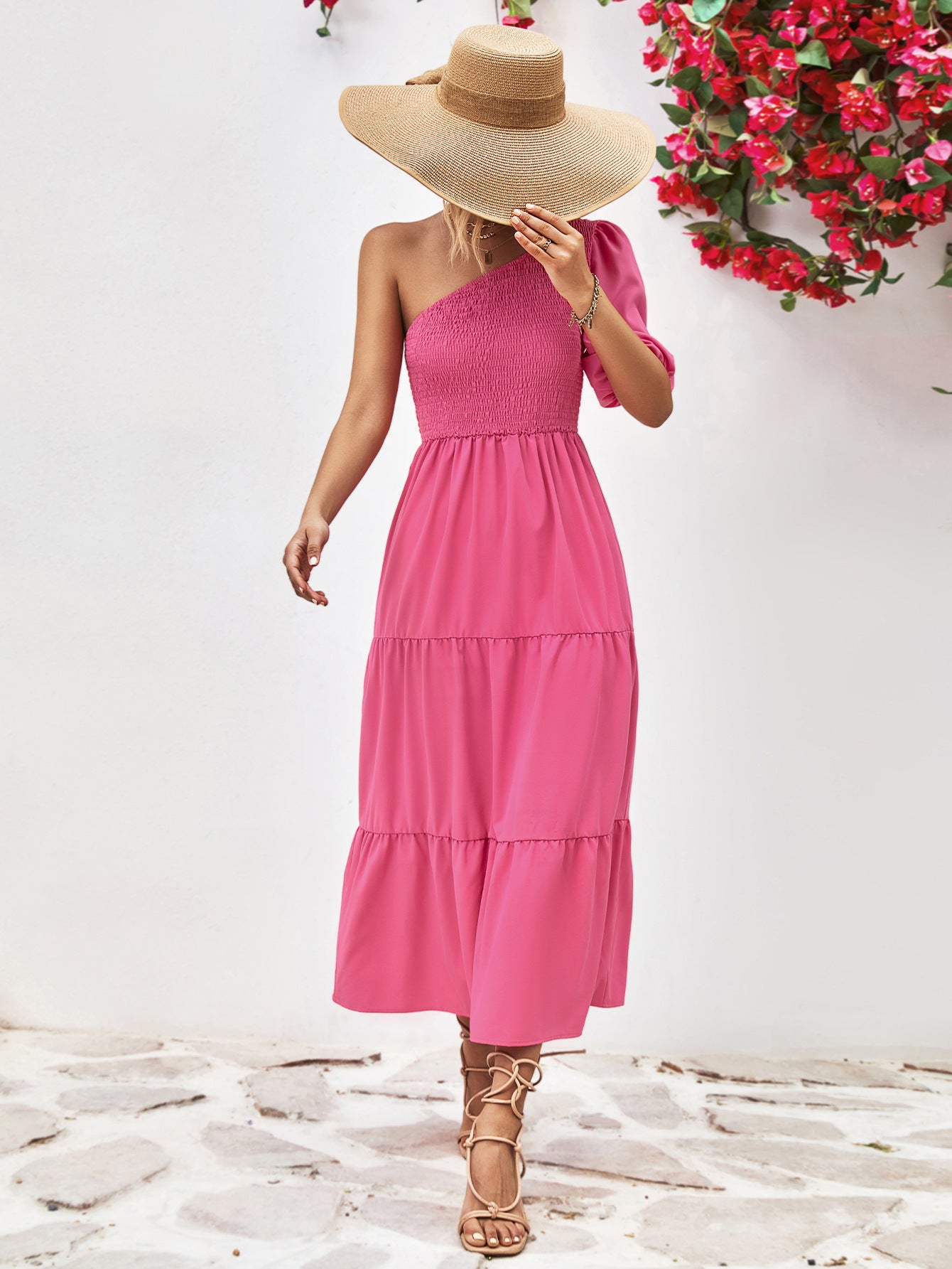 Smocked One-Shoulder Midi Dress – Trendsi | ClozArt