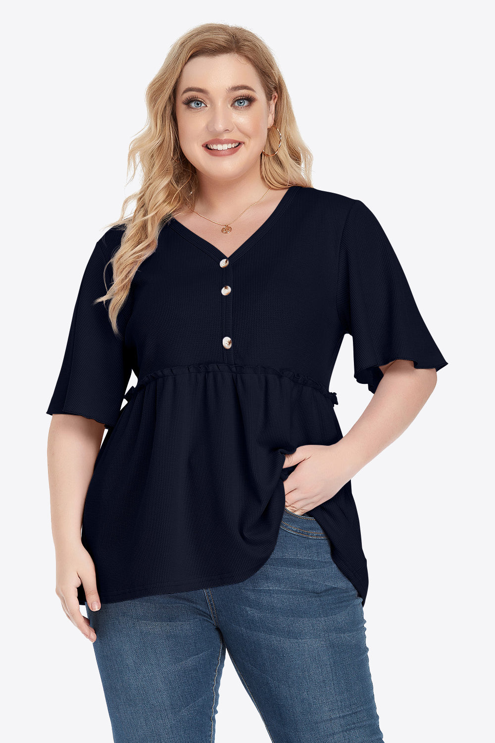 Plus Size Buttoned V-Neck Frill Trim Babydoll Blouse – Trendsi | ClozArt