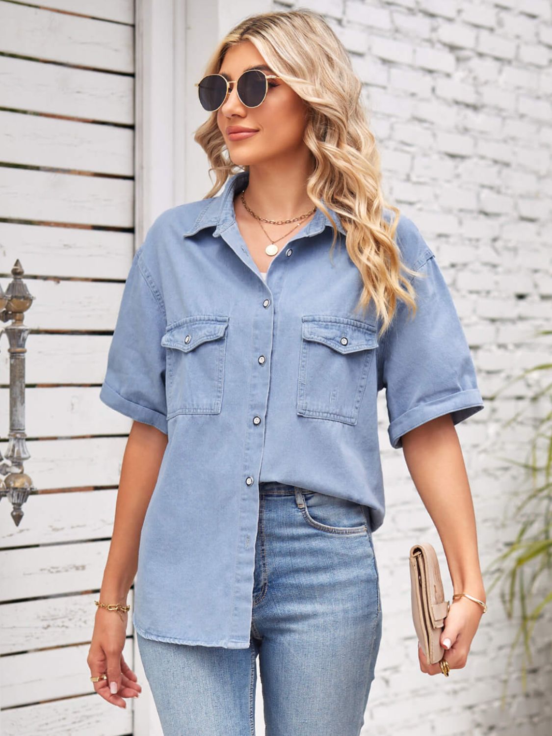 Collared Neck Short Sleeve Denim Jacket – Trendsi | ClozArt