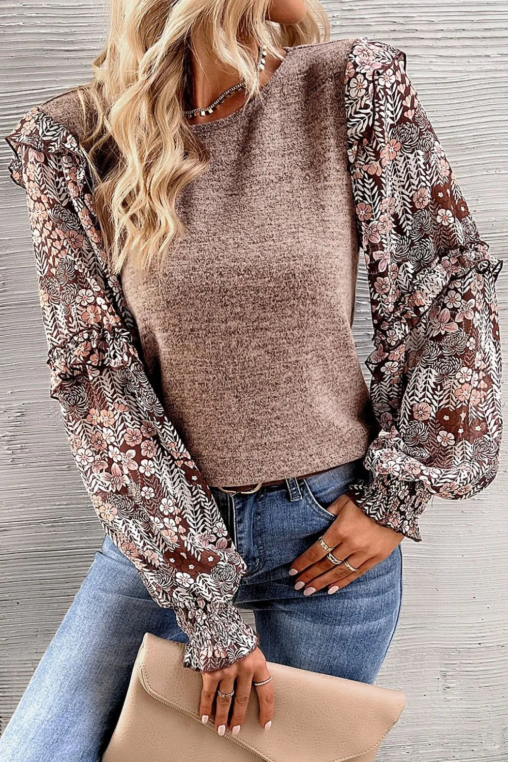 Heathered Floral Frill Lantern Sleeve Blouse – Trendsi | ClozArt