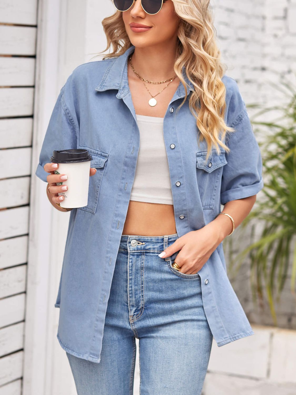 Collared Neck Short Sleeve Denim Jacket – Trendsi | ClozArt