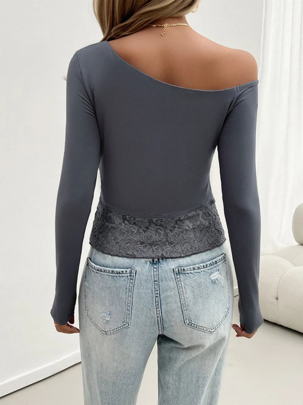 Devine Single Shoulder Long Sleeve Lace T-Shirt – Trendsi | ClozArt