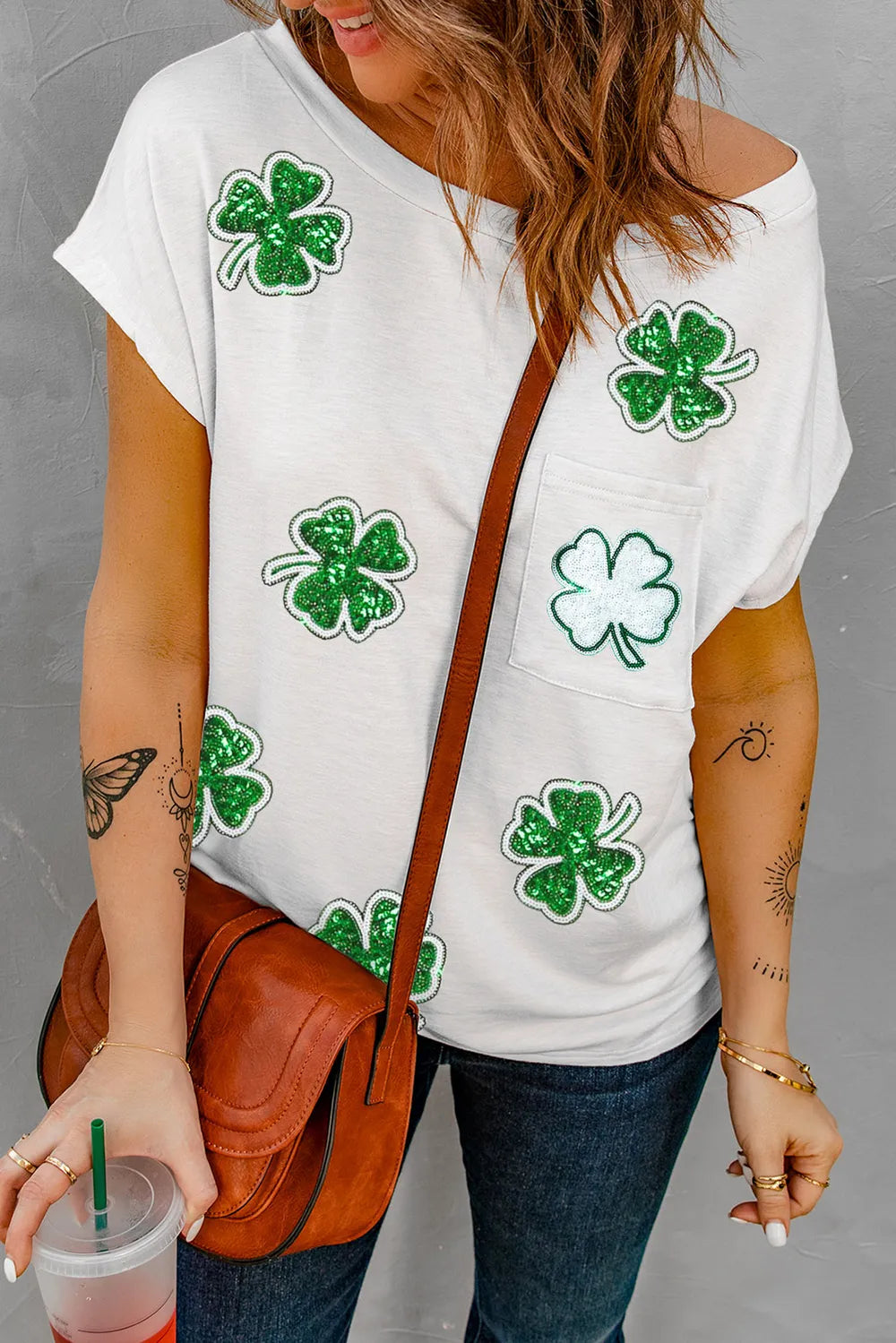 Sequin Lucky Clover Boat Neck T-Shirt – Trendsi | ClozArt