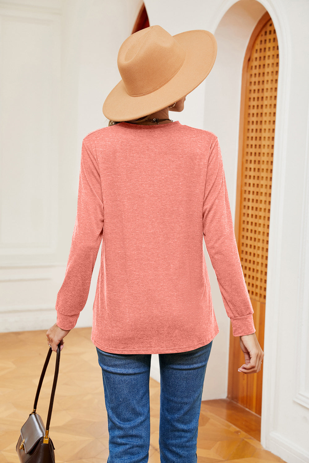 Buttoned Notched Neck Long Sleeve Top – Trendsi | ClozArt