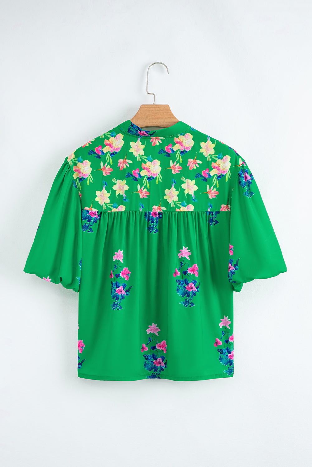 Green Floral Detail Tie Split Neck Puff Sleeve Blouse – Shewin | ClozArt