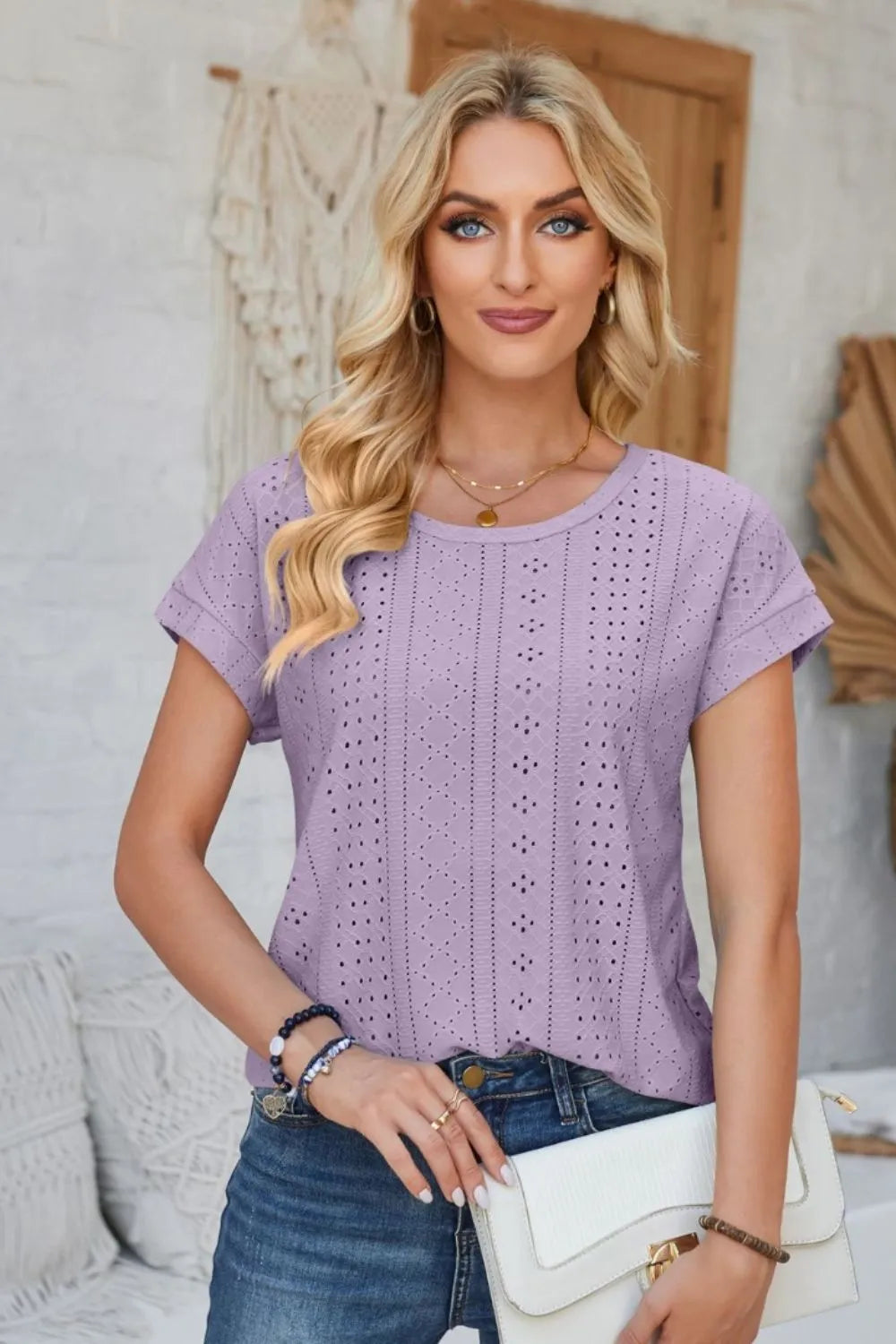 Eyelet Round Neck Rolled Short Sleeve T-Shirt – Trendsi | ClozArt