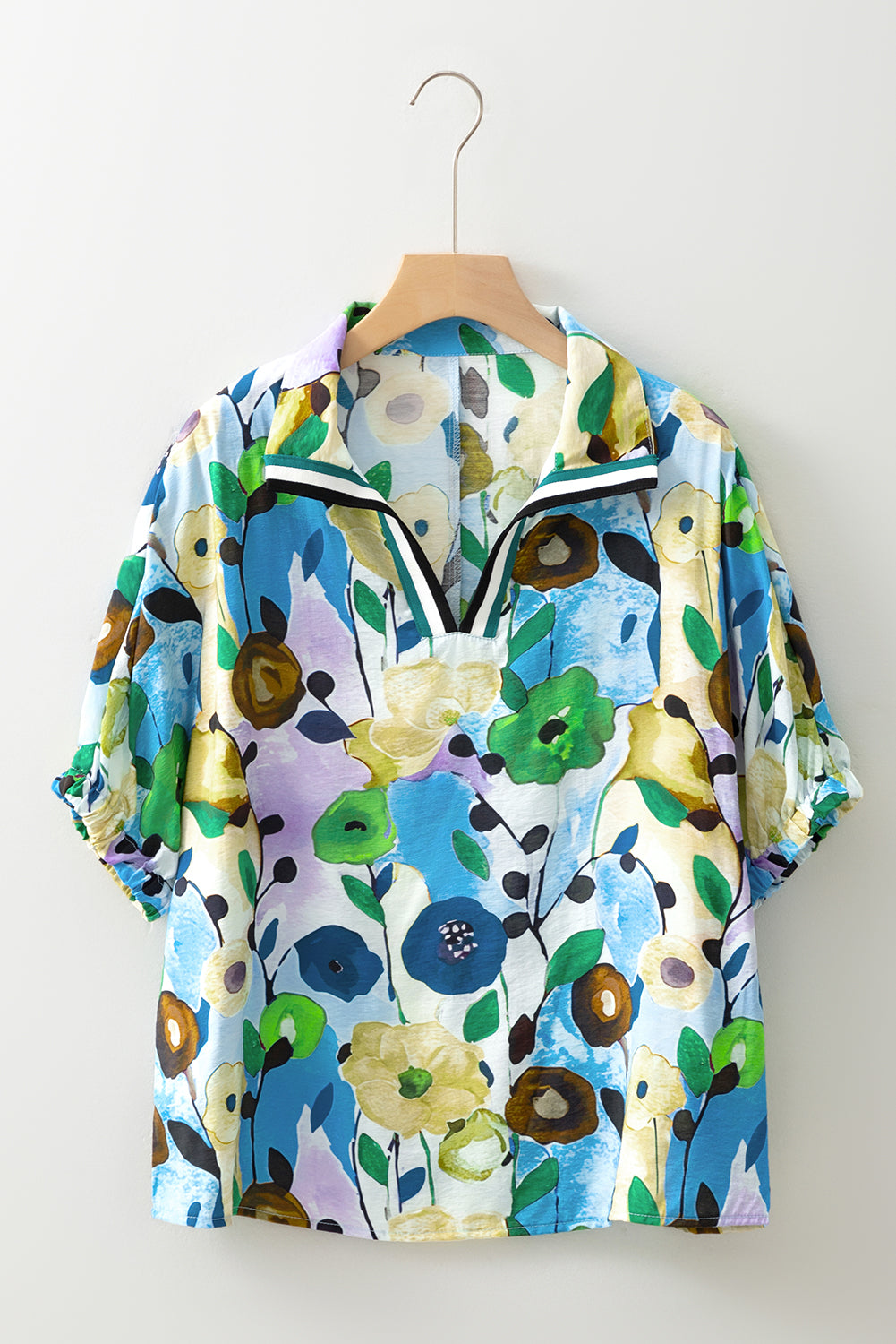 Peacock Blue Floral Print Boho Pop of Color Neckline Blouse – Shewin | ClozArt