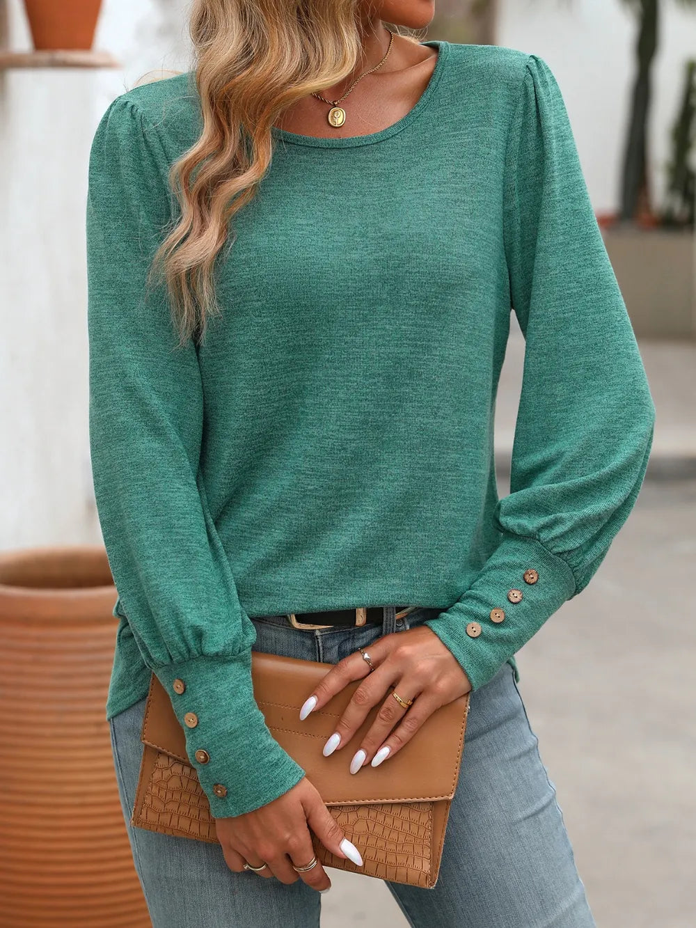 Decorative Button Round Neck Long Sleeve T-Shirt – Trendsi | ClozArt