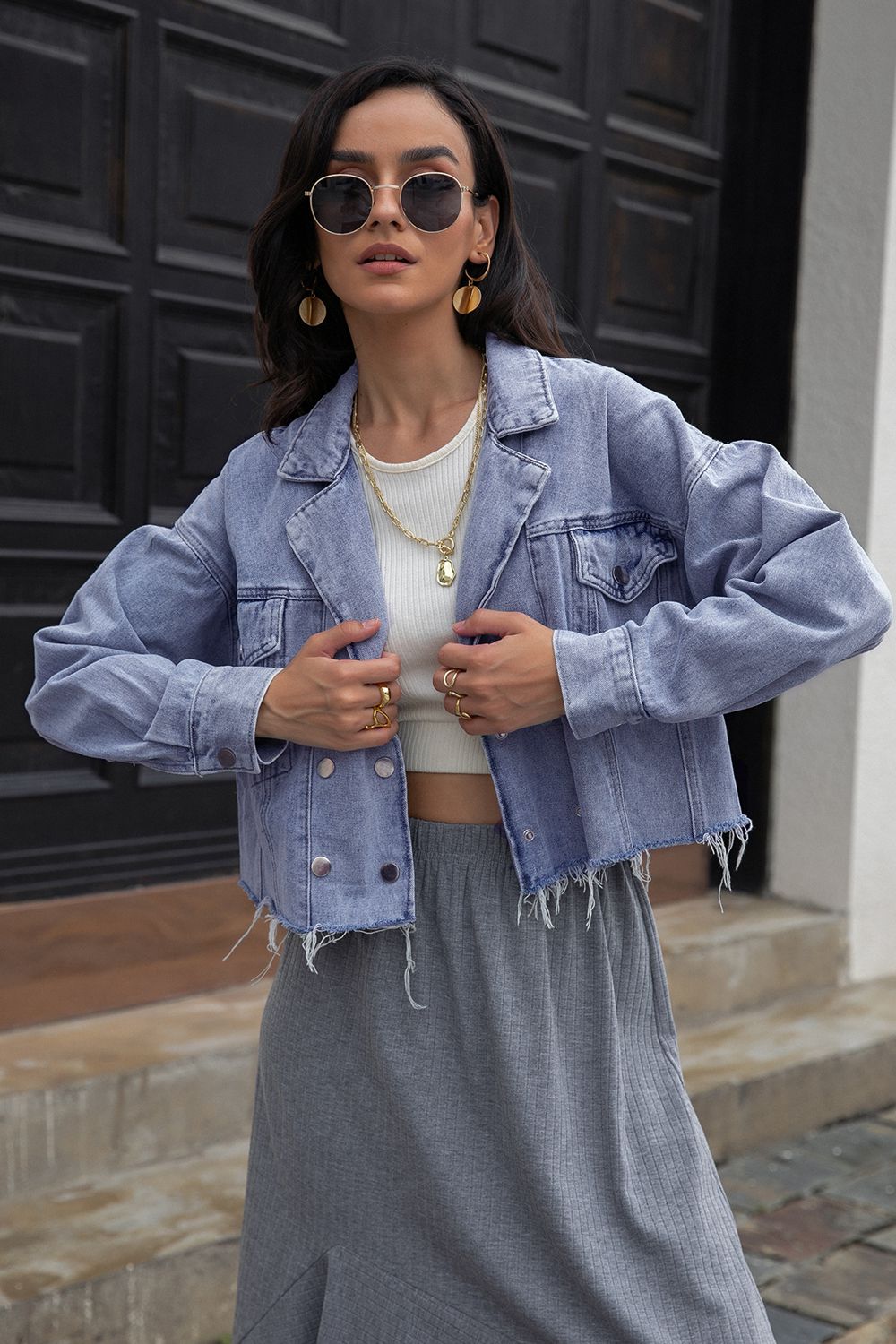 Lapel Collar Long Sleeve Denim Jacket – Trendsi | ClozArt