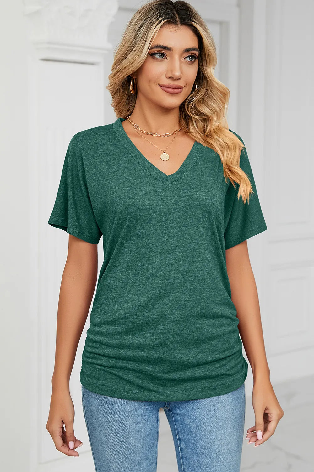 Ruched V-Neck Short Sleeve T-Shirt – Trendsi | ClozArt