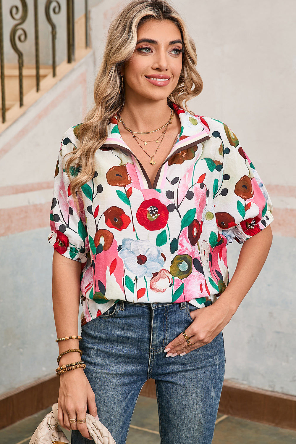 Peacock Blue Floral Print Boho Pop of Color Neckline Blouse – Shewin | ClozArt