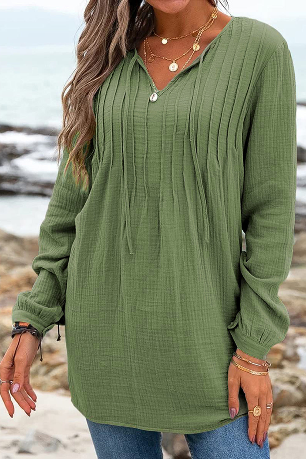 Ruched Long Sleeve Tie Neck T-Shirt – Trendsi | ClozArt