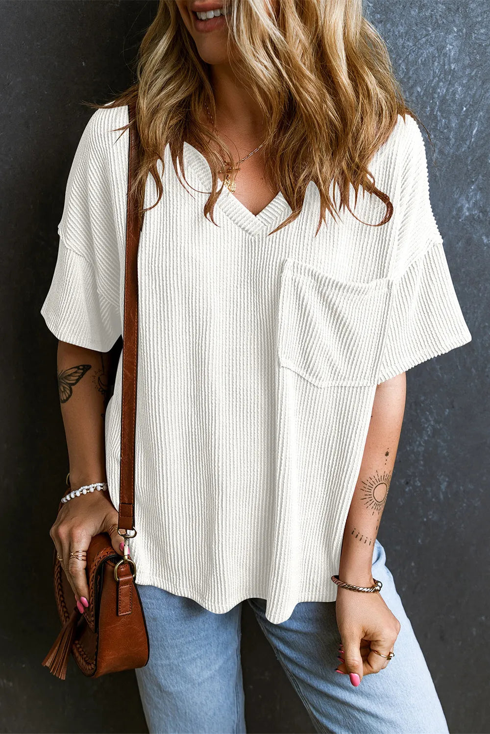 Textured V-Neck Dropped Shoulder T-Shirt – Trendsi | ClozArt