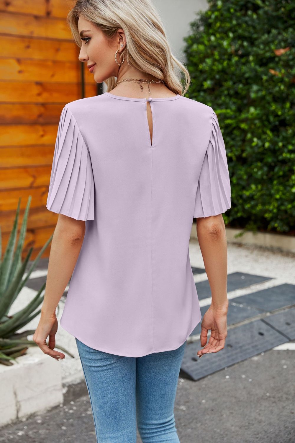 Pleated Flutter Sleeve Round Neck Blouse – Trendsi | ClozArt