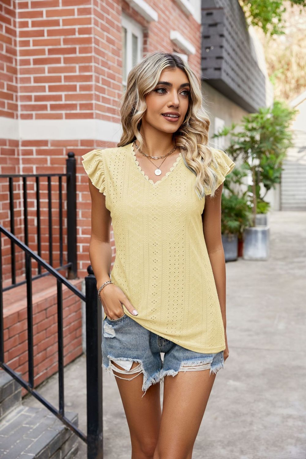 Eyelet Flutter Sleeve Scalloped V-Neck Top – Trendsi | ClozArt