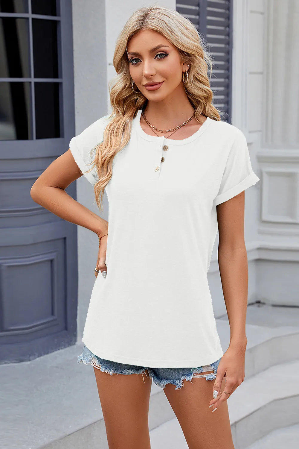 Round Neck Rolled Short Sleeve T-Shirt – Trendsi | ClozArt