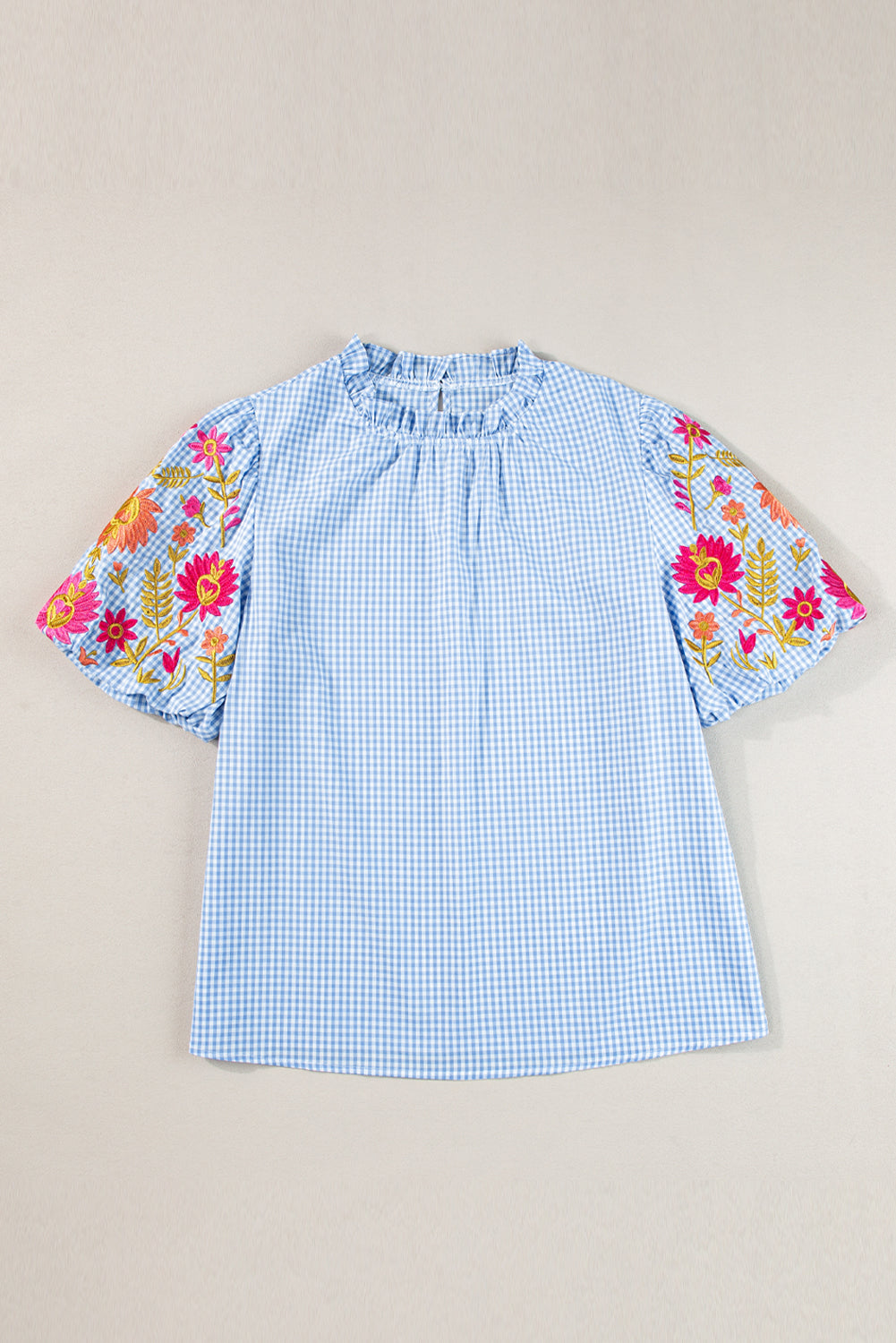 Light Blue Flower Embroidered Puff Sleeve Gingham Blouse – Shewin | ClozArt