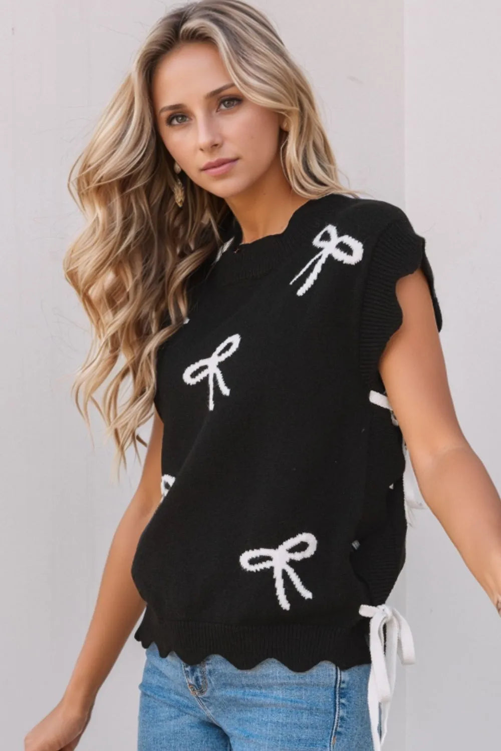 Bow Side Ties Scalloped Hem Cap Sleeve Sweater – Trendsi | ClozArt