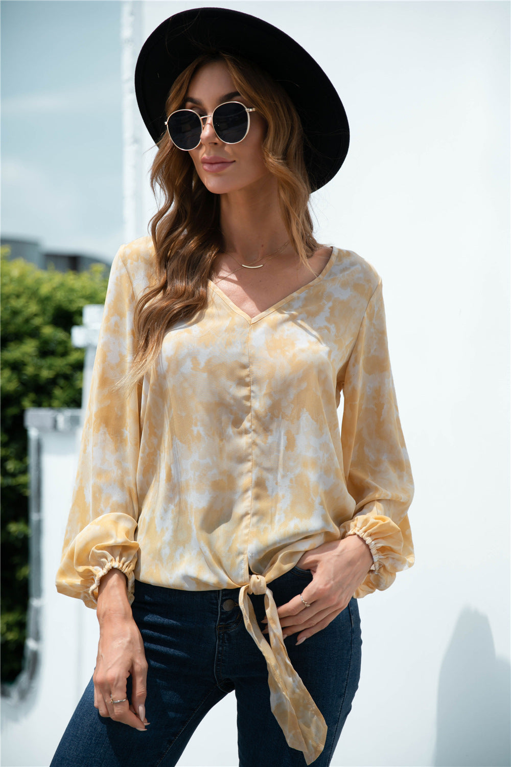 Tie-Dye Tied Balloon Sleeve Blouse – Trendsi | ClozArt